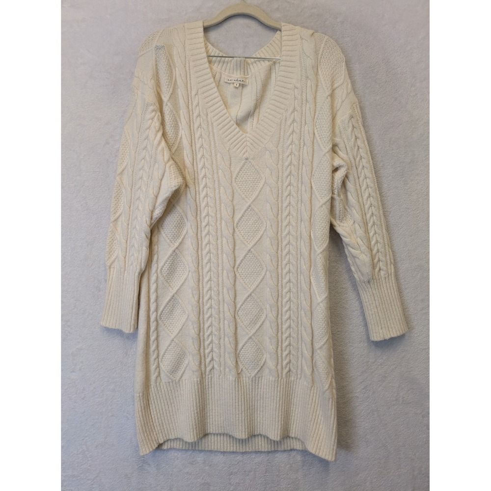 Et Clet Women's Size S Knit Sweater Dress Cream Cable Knit V Neck Long Sleeve
